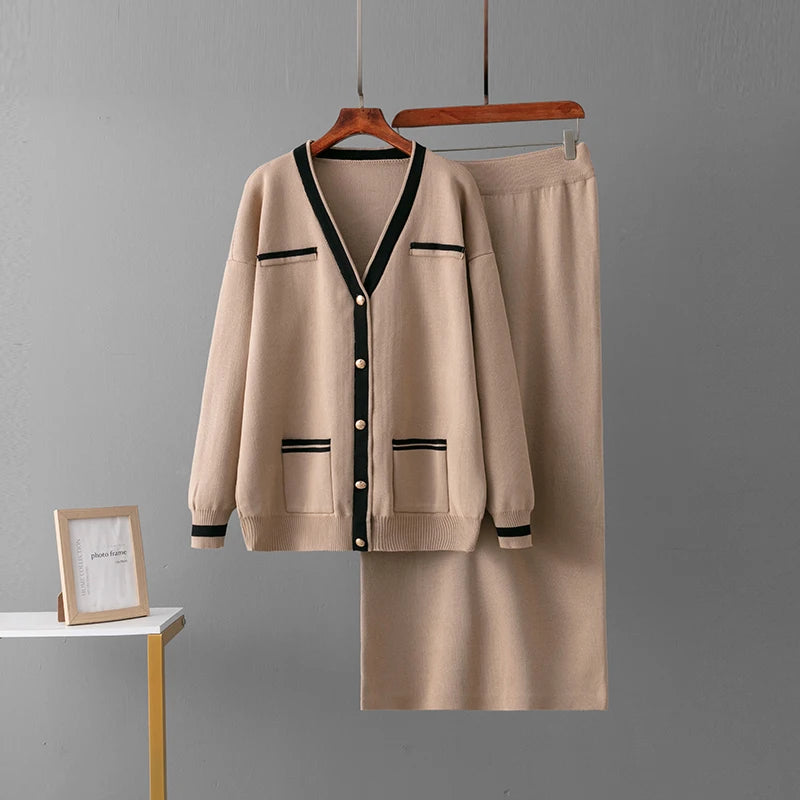 Autumn Winter New Women's Knitted Skirt Sets. Fashion Pockets Cardigan V-Neck Sweaters. Skirts Suits Thicken Knit Two Piece Sets.