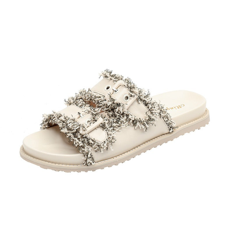 double buckle belt slippers women leather cloth patchwork platform sandals female fringe band flip flops