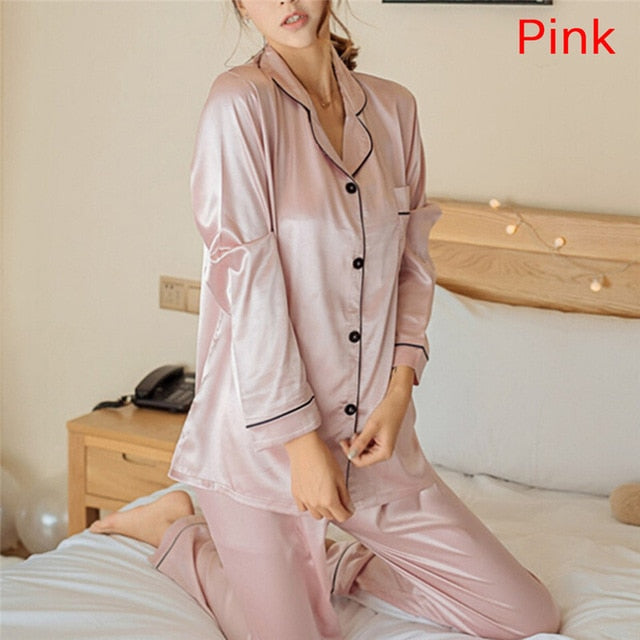 2 Piece Set Loungewear Womens Silk Satin Pajamas. Long Sleeve.