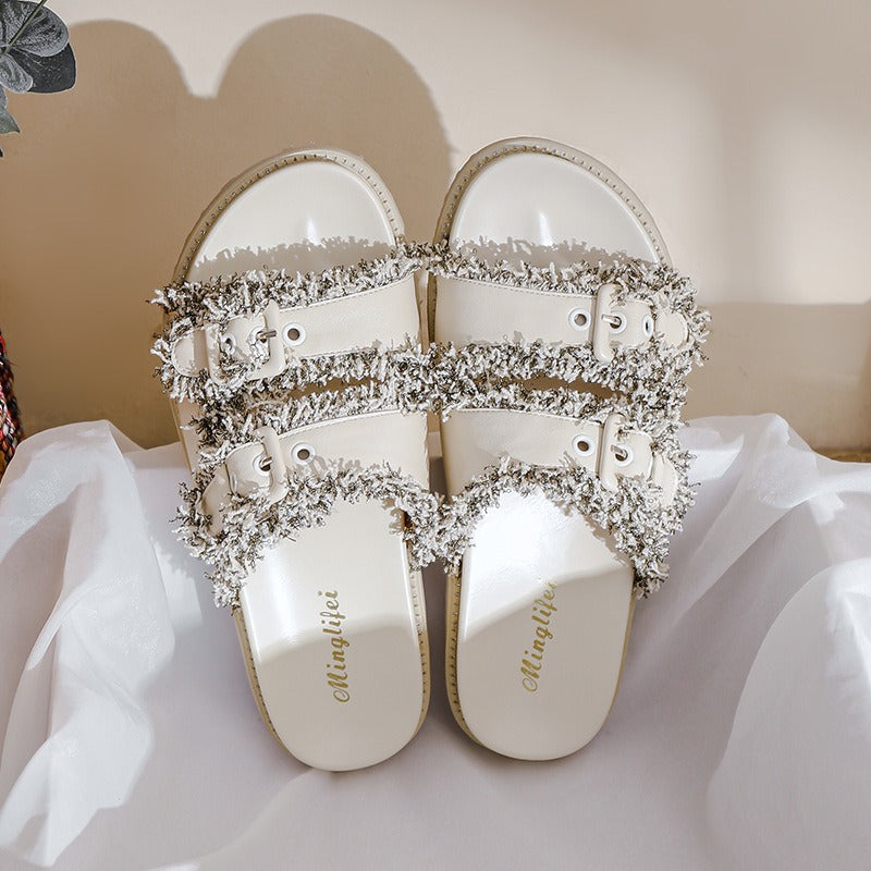 double buckle belt slippers women leather cloth patchwork platform sandals female fringe band flip flops