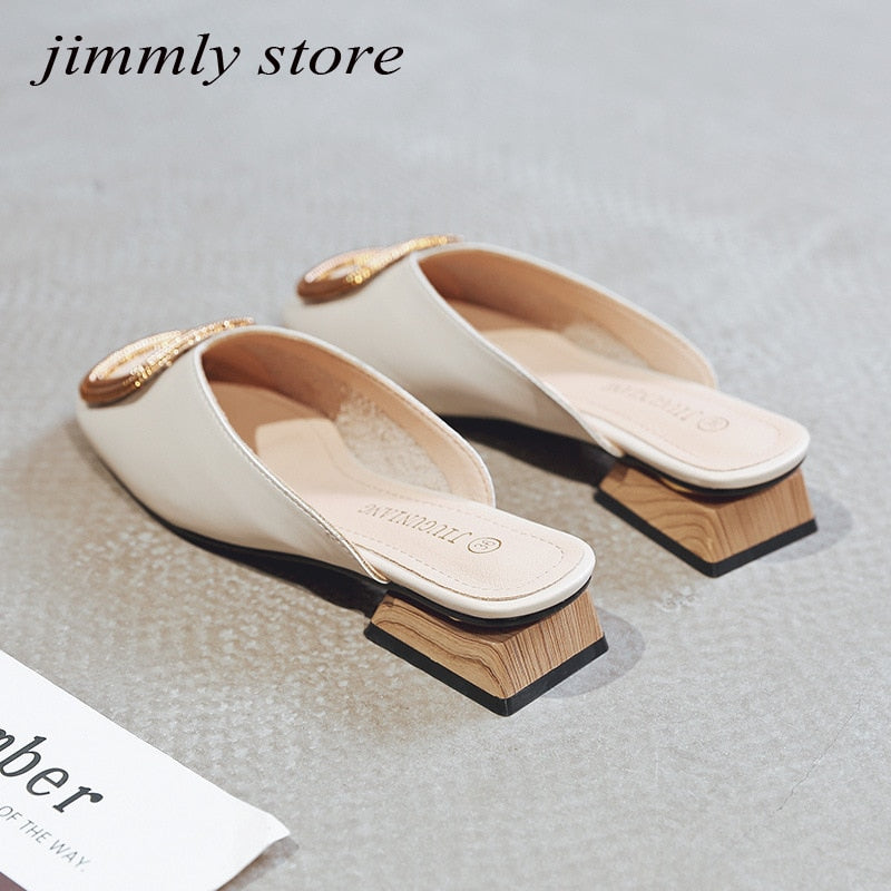 Designer Women Pumps Slippers Slip on Mules Low Heel Casual Shoes British Wooden Block Heels Summer Pumps Footwear