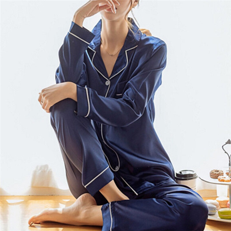 2 Piece Set Loungewear Womens Silk Satin Pajamas. Long Sleeve.