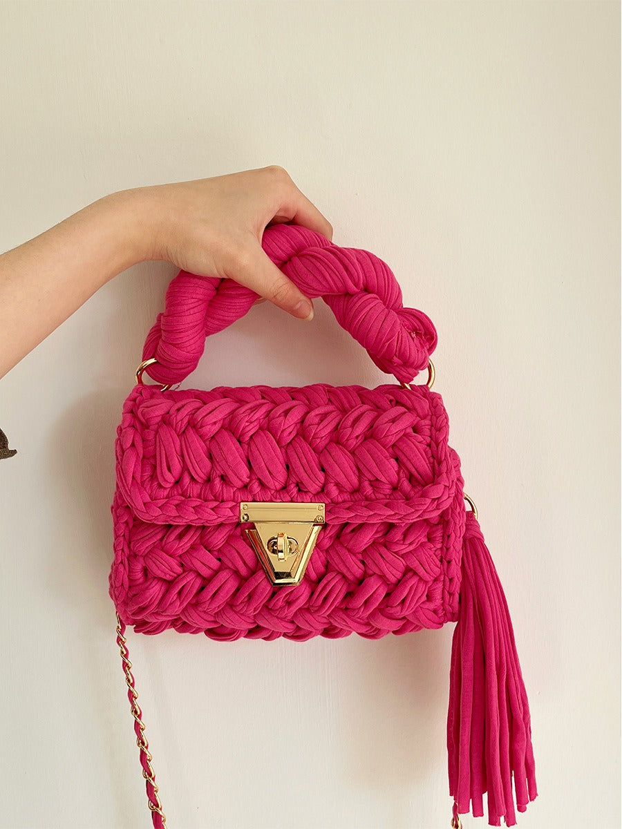 Hand woven bag. Crochet bag for women. Fried Dough Twists portable tassel bag.