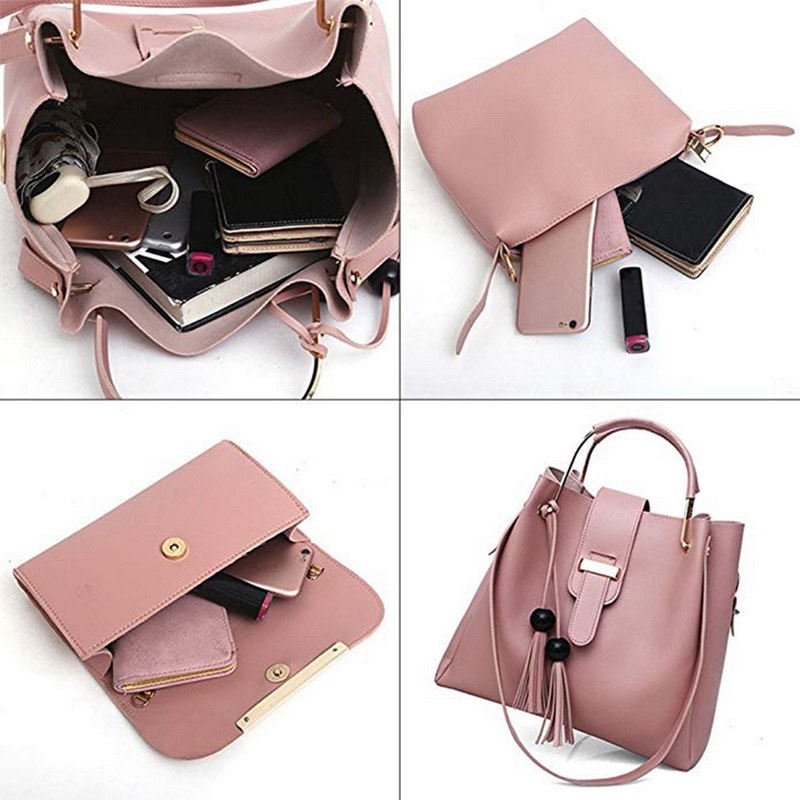 Laamei 3Pcs/Sets Women Handbags Leather Shoulder Bags Female Casual Tote Bag Tassel Bucket Purses Handbags Sac Femme