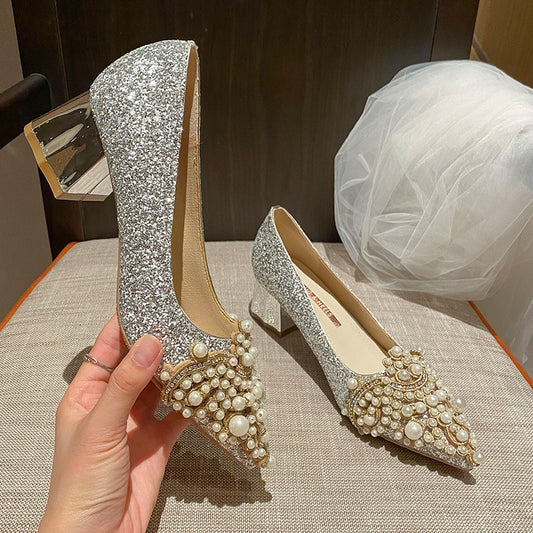 Pointed high heels, women's thick heels, French wedding shoes