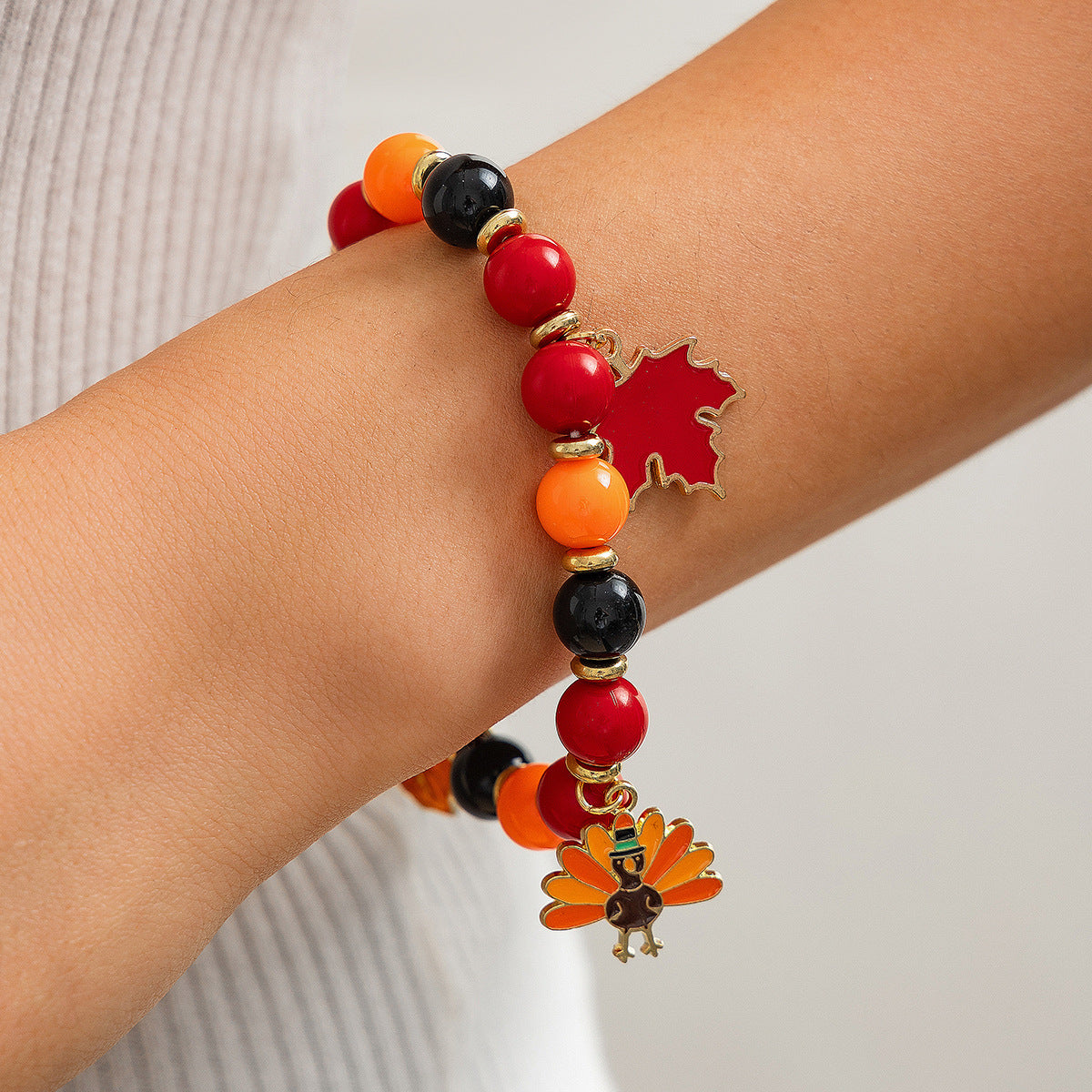 Thanksgiving Creative Maple Leaf Pendant. Alloy Bracelet. Personalized Letter Pumpkin Bead Bracelet.