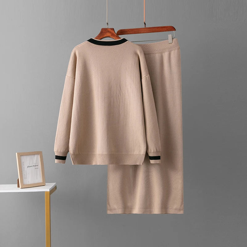 Autumn Winter New Women's Knitted Skirt Sets. Fashion Pockets Cardigan V-Neck Sweaters. Skirts Suits Thicken Knit Two Piece Sets.