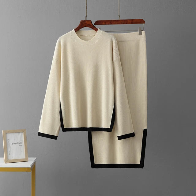 Autumn Warm Knitted Suits. Loose Pullovers+Elastic Long Skirt. Casual Home Wear Sweater. Two Pieces Skirts Sets