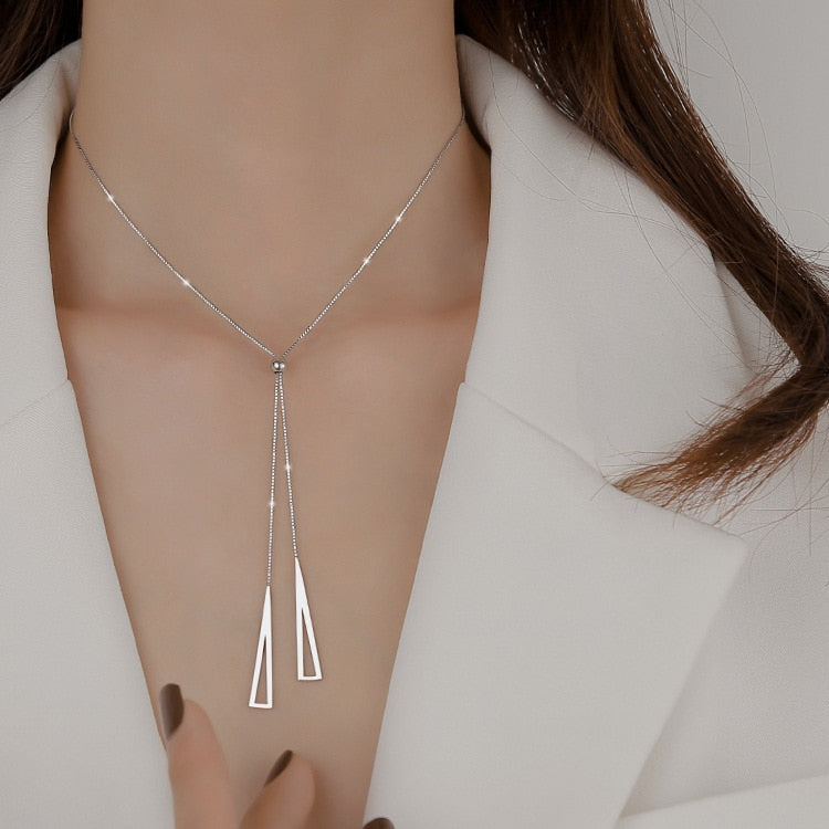 925 Sterling Silver Geometric Triangle Necklace for Women. Adjustable Clavicle Chain Necklace Jewelry Gifts S-N752