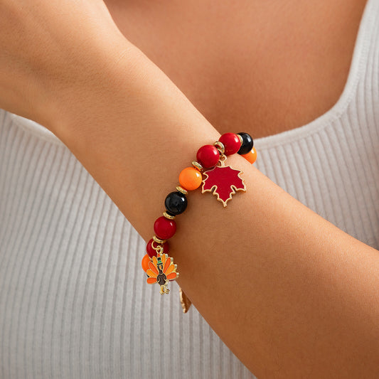 Thanksgiving Creative Maple Leaf Pendant. Alloy Bracelet. Personalized Letter Pumpkin Bead Bracelet.