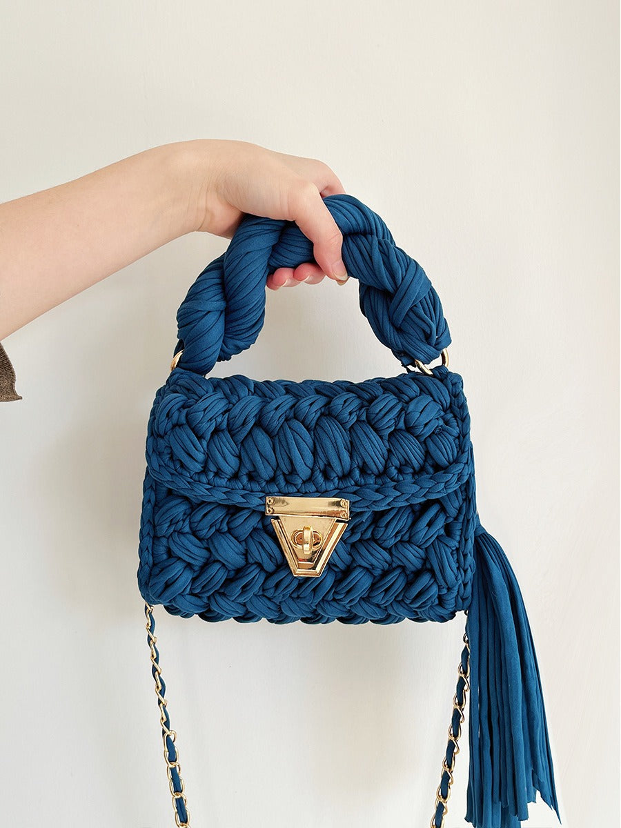 Hand woven bag. Crochet bag for women. Fried Dough Twists portable tassel bag.