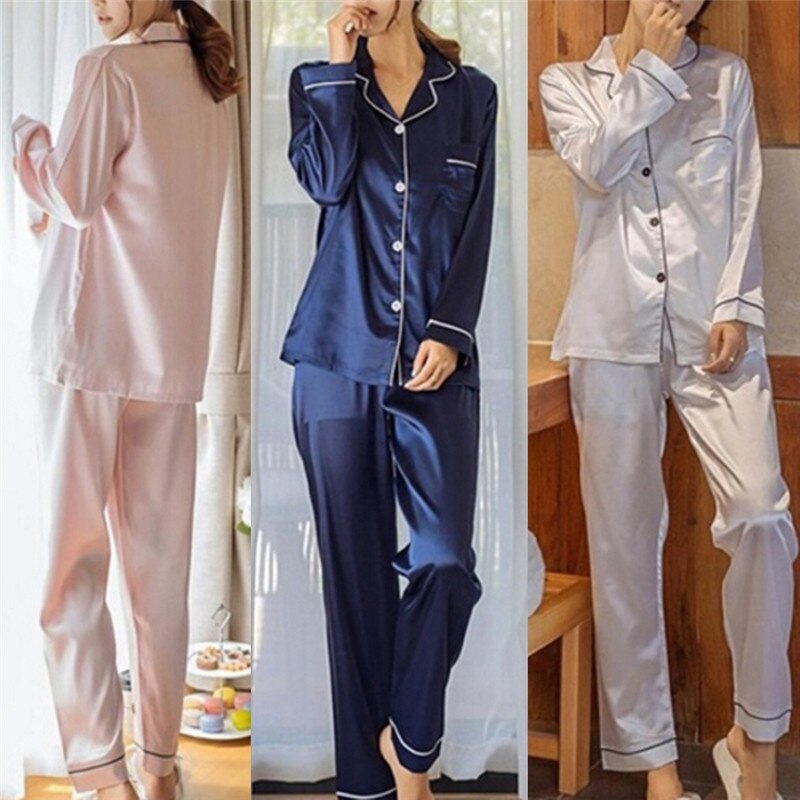 2 Piece Set Loungewear Womens Silk Satin Pajamas. Long Sleeve.