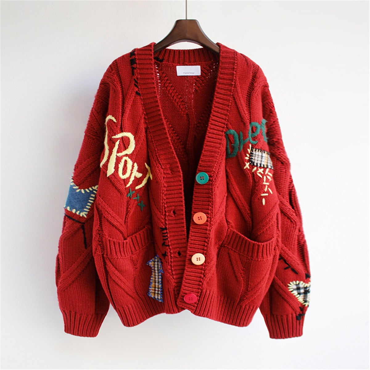 Women's Sweater Warm Knitted Sweater Jacket Loose Pocket Embroidery Fashion Knit Cardigan Jacket Ladies Jacket