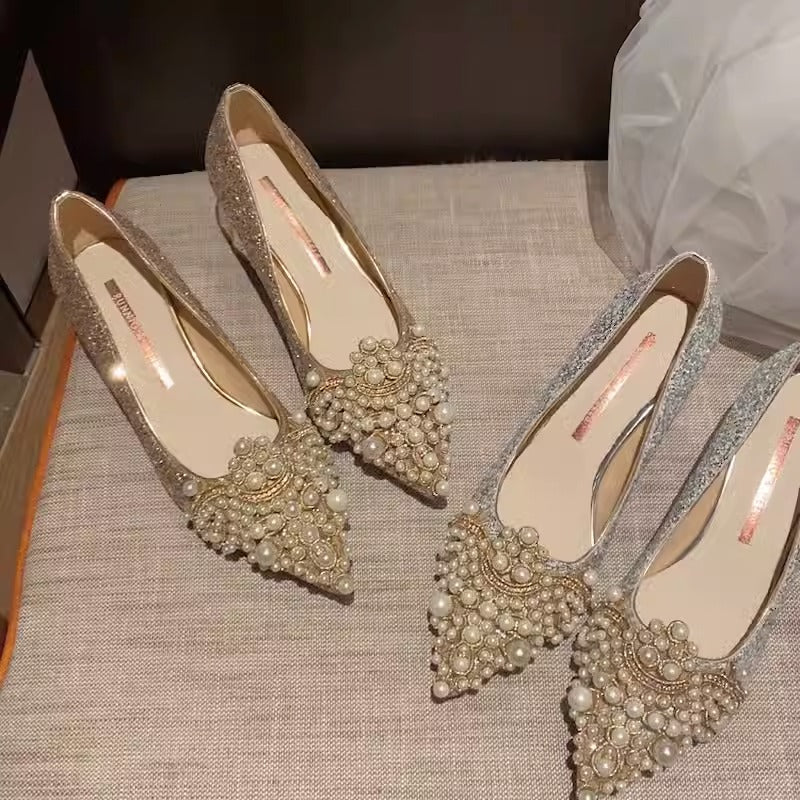 Pointed high heels, women's thick heels, French wedding shoes