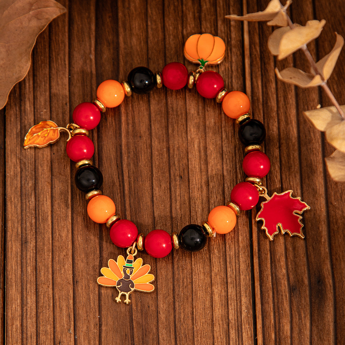 Thanksgiving Creative Maple Leaf Pendant. Alloy Bracelet. Personalized Letter Pumpkin Bead Bracelet.