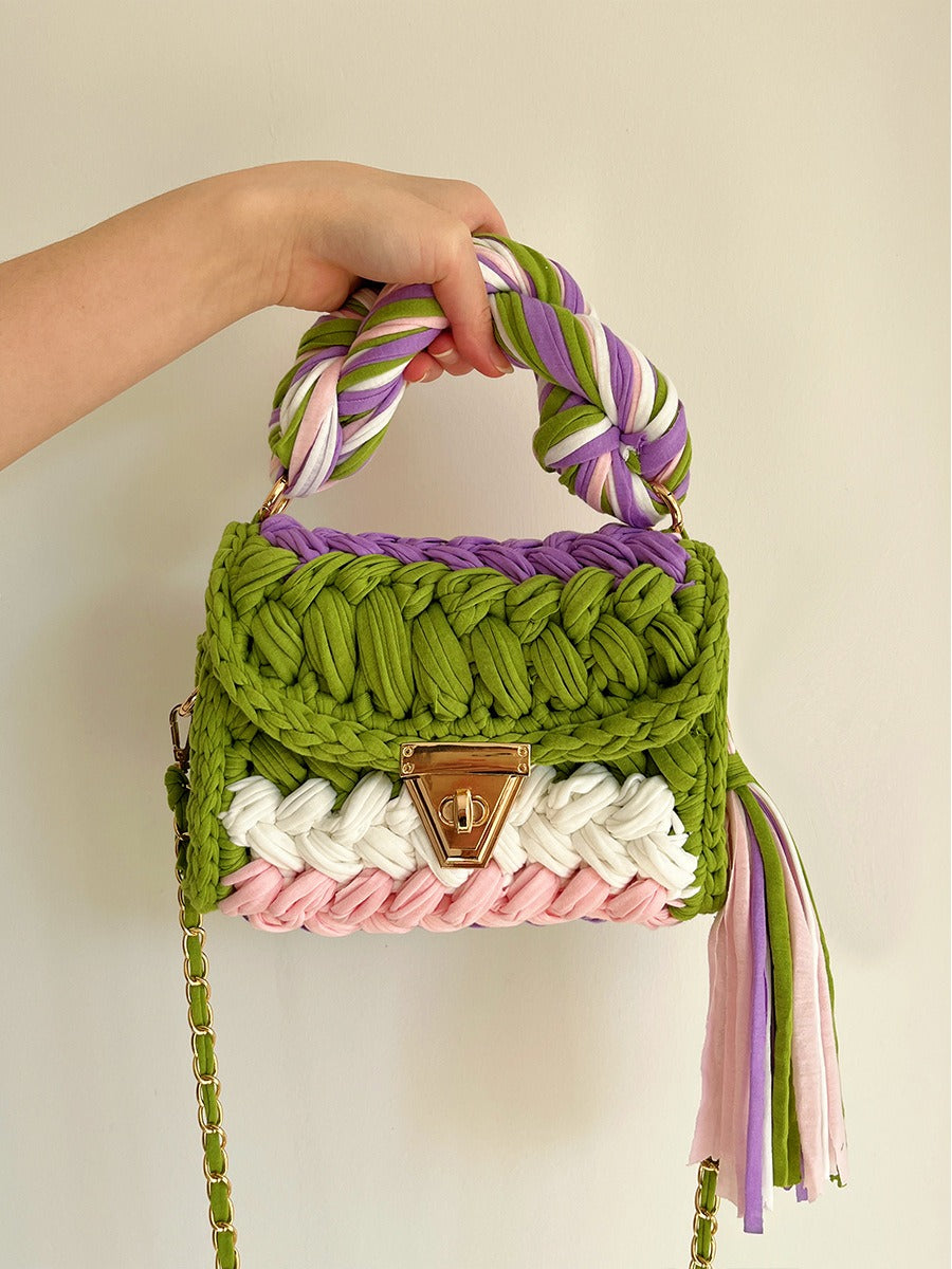 Hand woven bag. Crochet bag for women. Fried Dough Twists portable tassel bag.