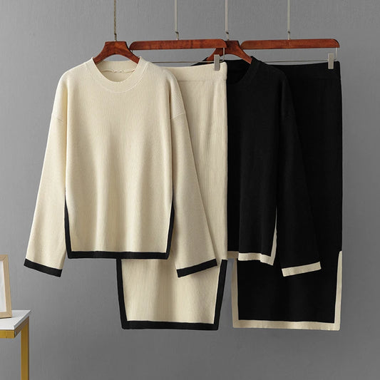 Autumn Warm Knitted Suits. Loose Pullovers+Elastic Long Skirt. Casual Home Wear Sweater. Two Pieces Skirts Sets