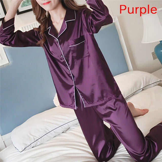 2 Piece Set Loungewear Womens Silk Satin Pajamas. Long Sleeve.