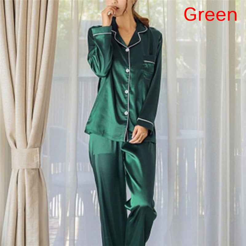 2 Piece Set Loungewear Womens Silk Satin Pajamas. Long Sleeve.