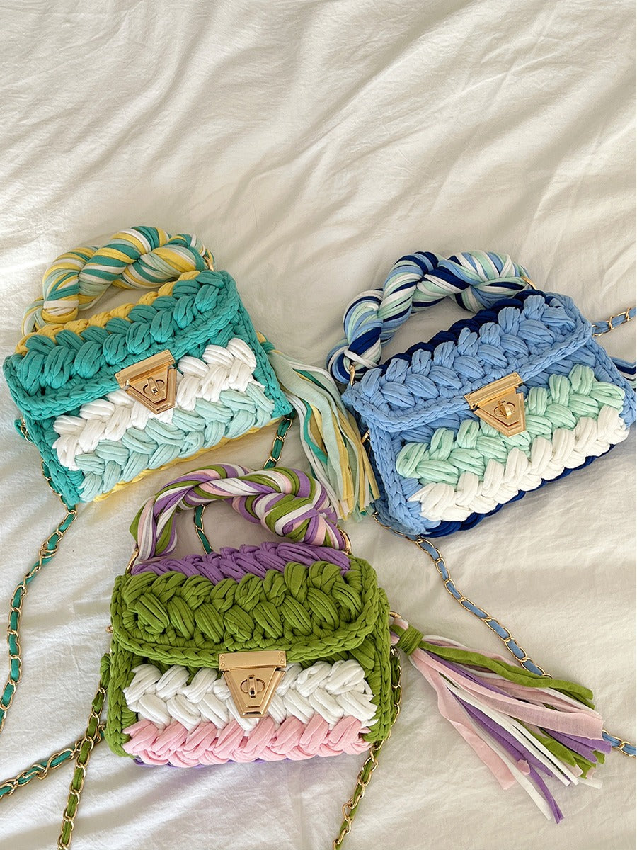 Hand woven bag. Crochet bag for women. Fried Dough Twists portable tassel bag.