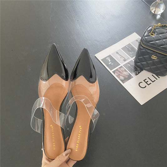 processing time:3-7 days after placing orders--Fashion PVC Transparent Slippers Women Thin Low Heels Summer Pointed Toe Design Slip On Party Mules Slides Shoes